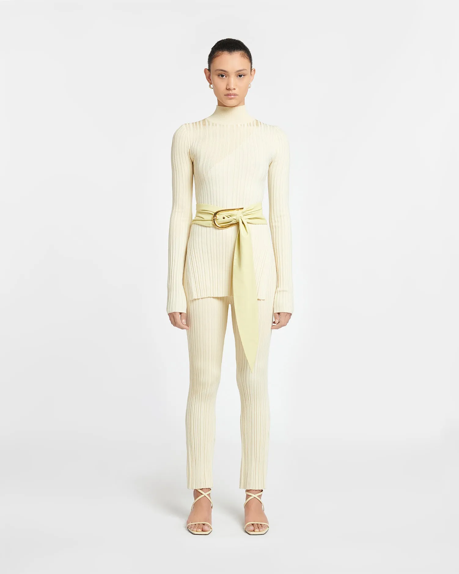 Malise - Cropped Ribbed Merino Pants - Lime Yellow/Creme