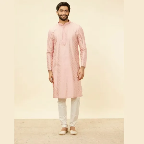 Manyawar Raspberry Pink Leaf Patterned Kurta Set