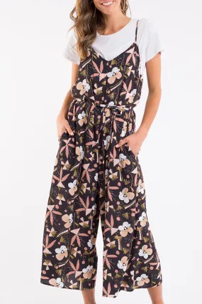 Midnight Blossom Strappy Black Floral Jumpsuit