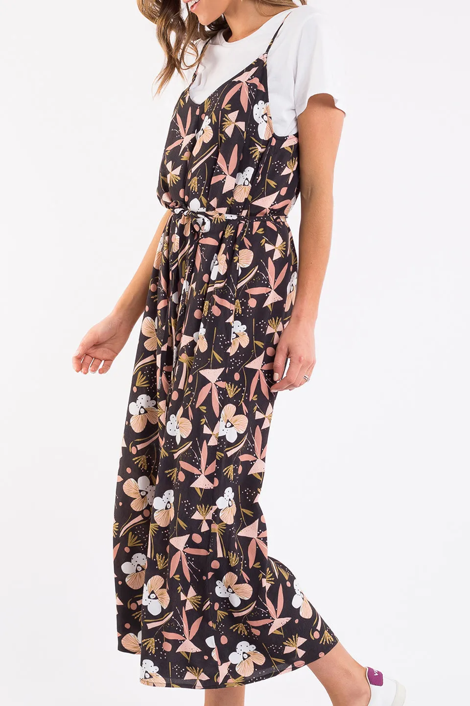 Midnight Blossom Strappy Black Floral Jumpsuit