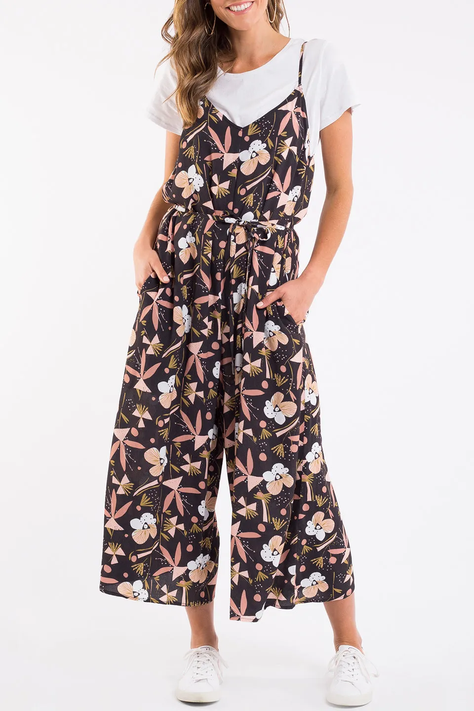 Midnight Blossom Strappy Black Floral Jumpsuit