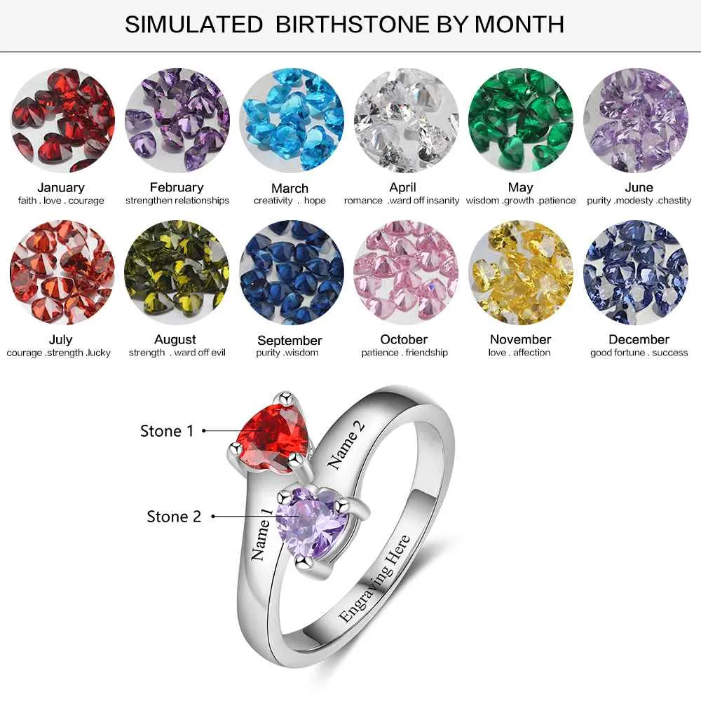 Personalized Promise Rings Heart Birthstone Custom Engrave 2 Names 925 Sterling Silver Jewelry Gift For Her