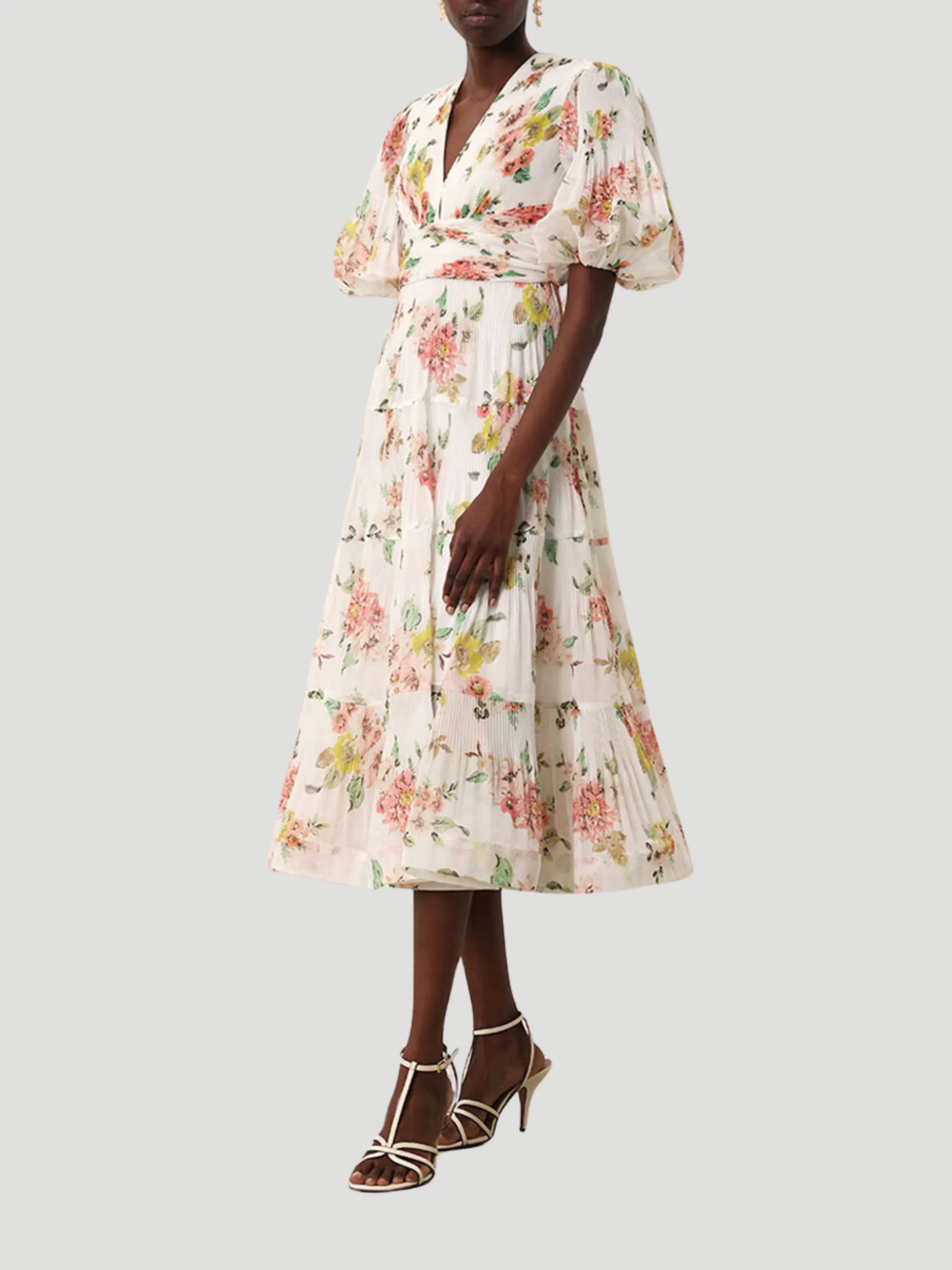 Pleated Midi Dress in Ivory Floral