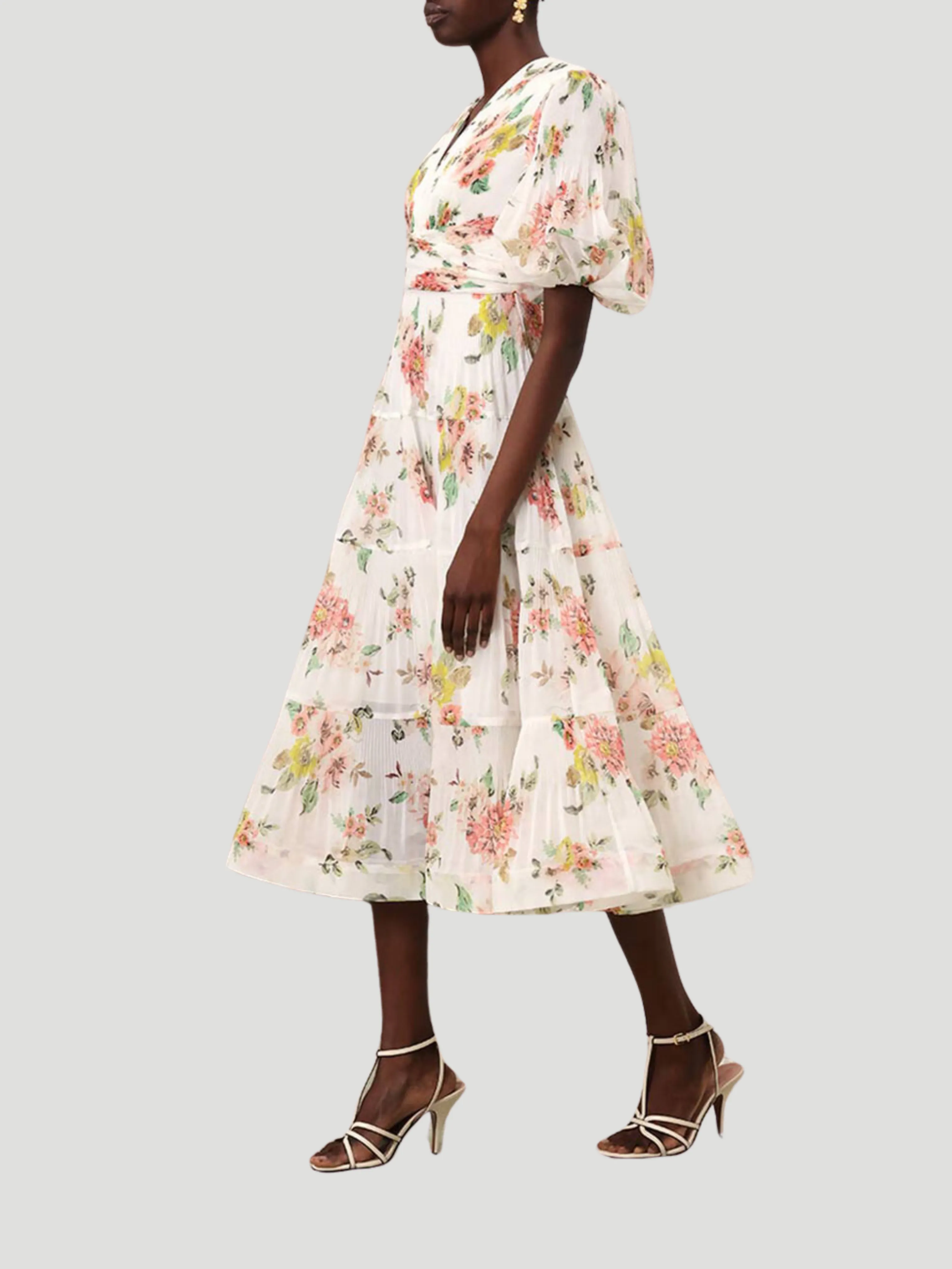 Pleated Midi Dress in Ivory Floral