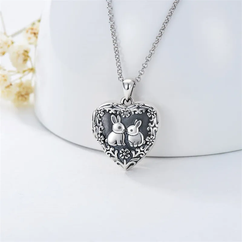 Rabbit Locket Necklace for Women 925 Sterling Silver Personalized Photo Heart Shaped Locket Necklace That Holds Pictures