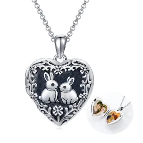 Rabbit Locket Necklace for Women 925 Sterling Silver Personalized Photo Heart Shaped Locket Necklace That Holds Pictures