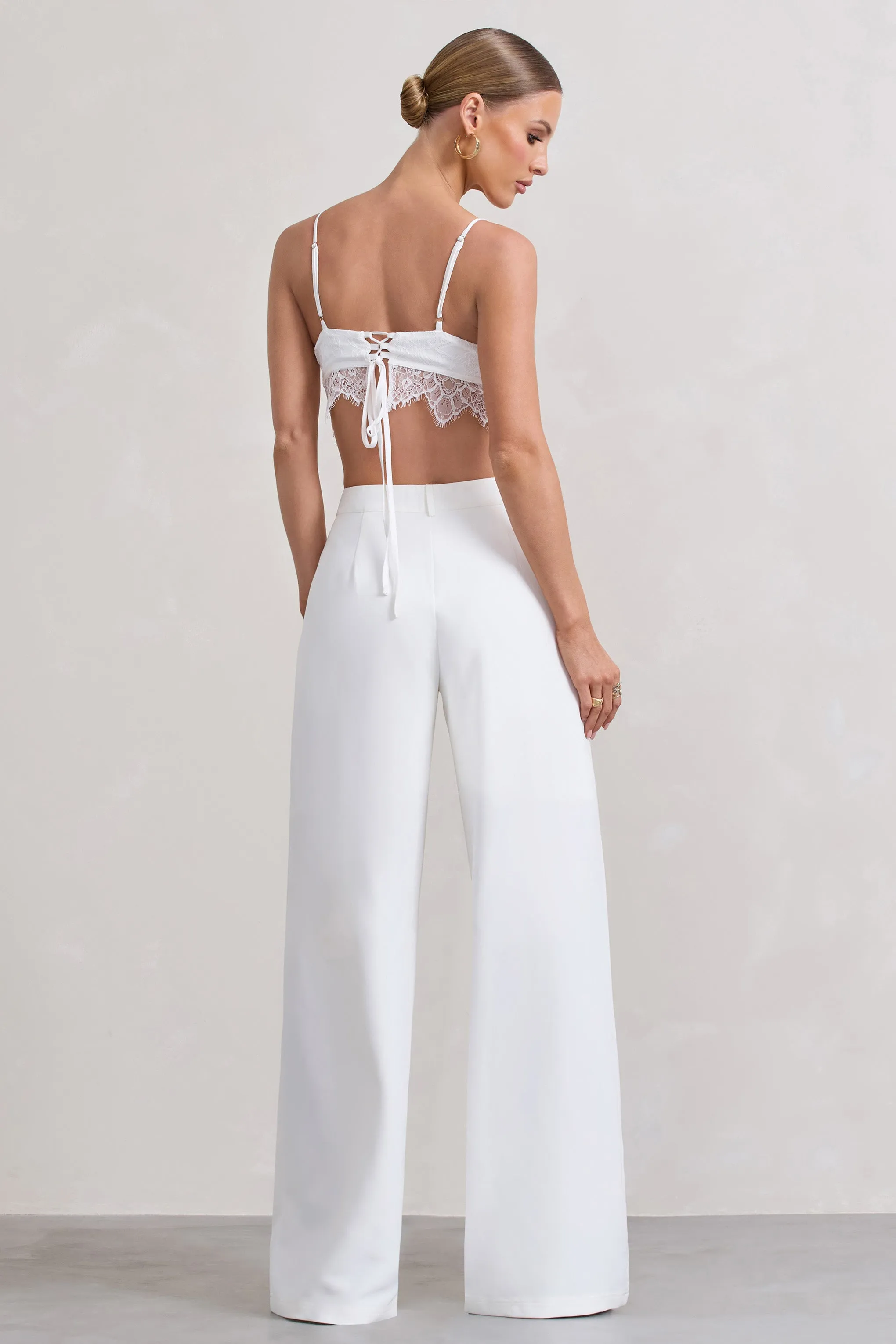 Raina | White High Waist Pleated Wide-Leg Trousers