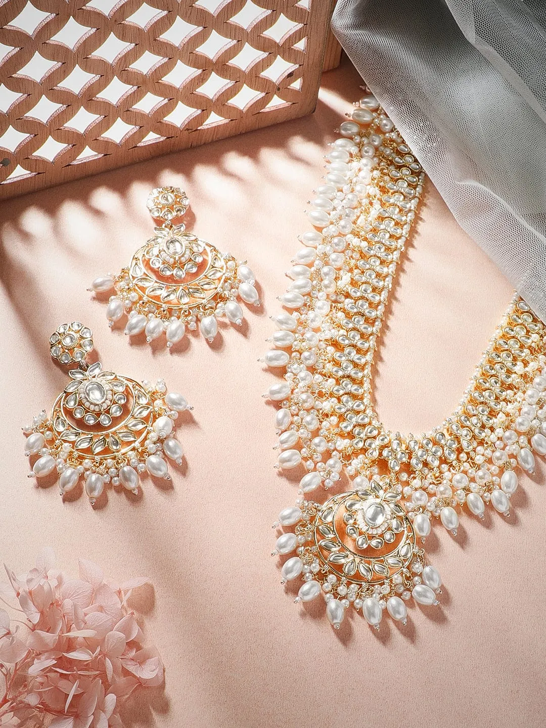 Rubans 22K Gold Plated Kundan Studded Pearl Necklace & Earring Jewellery Set.