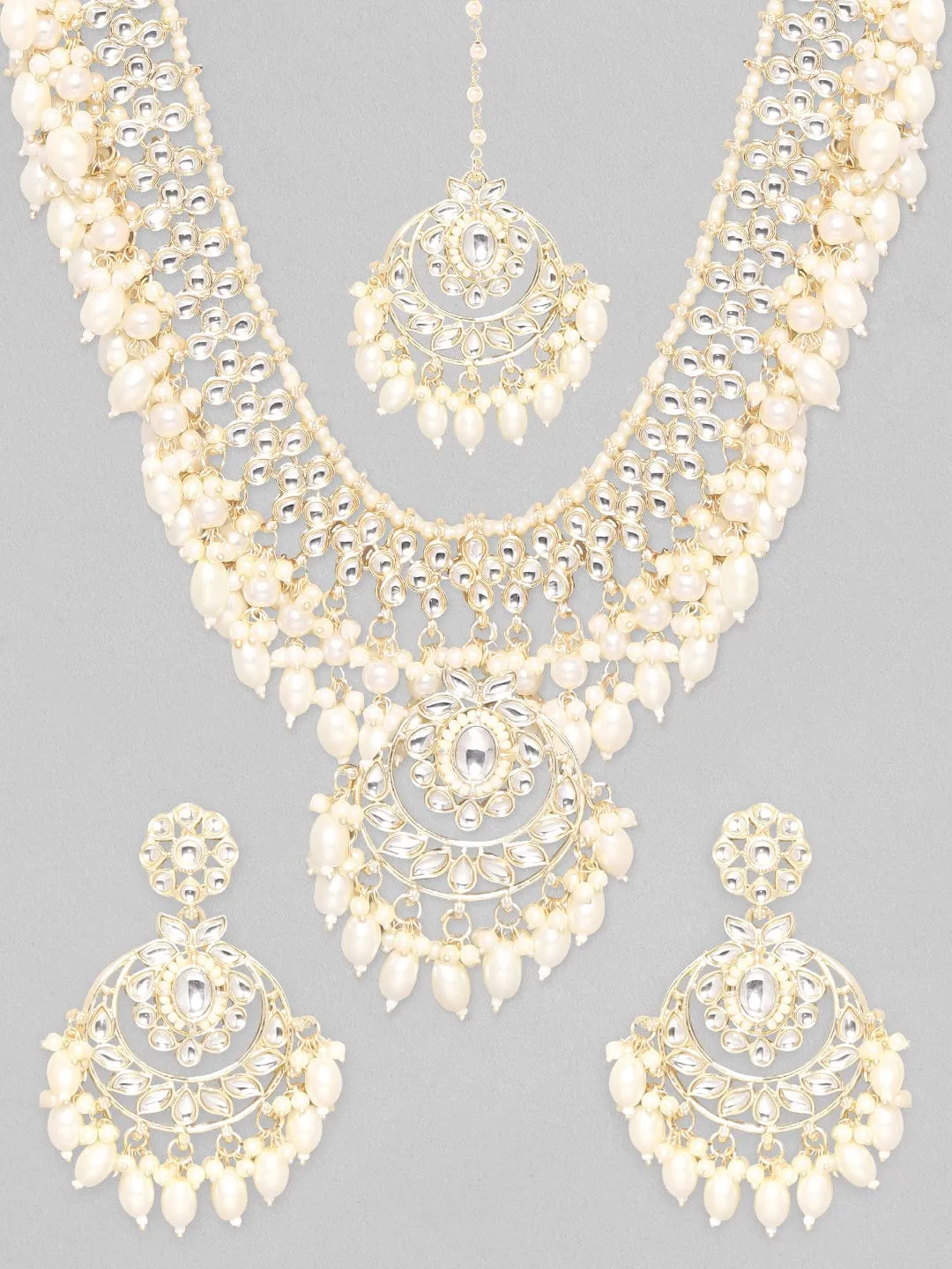 Rubans 22K Gold Plated Kundan Studded Pearl Necklace & Earring Jewellery Set.