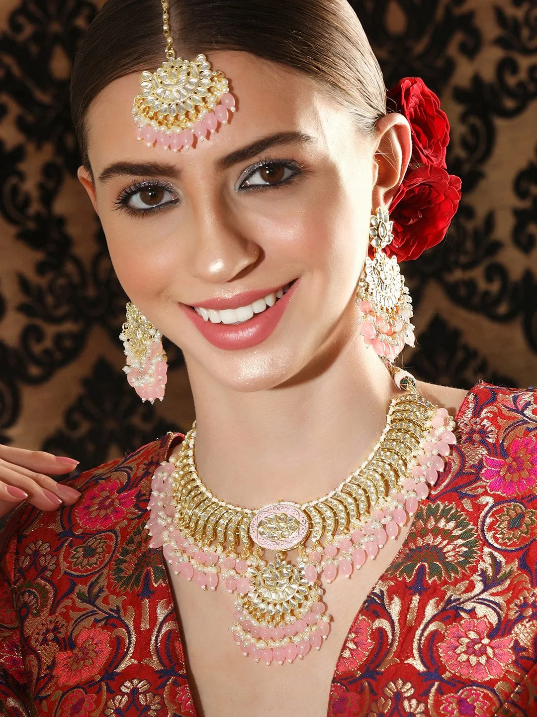 Rubans Gold Plated Fancy Kundan Set With Pink Beads Necklace Set