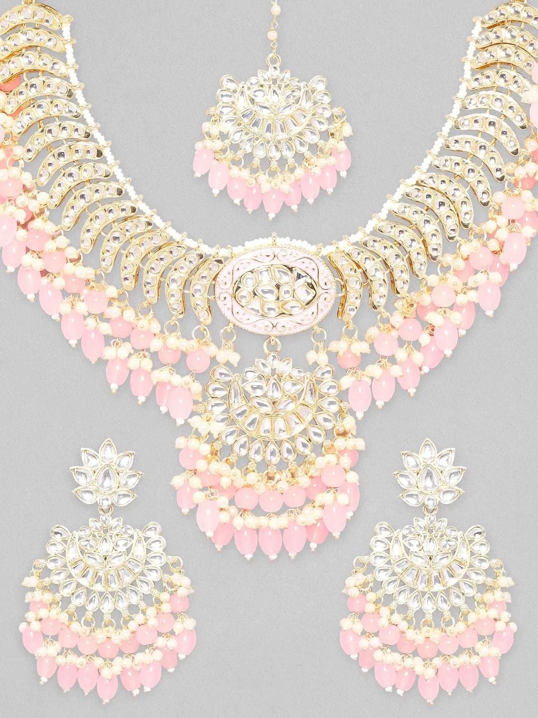 Rubans Gold Plated Fancy Kundan Set With Pink Beads Necklace Set