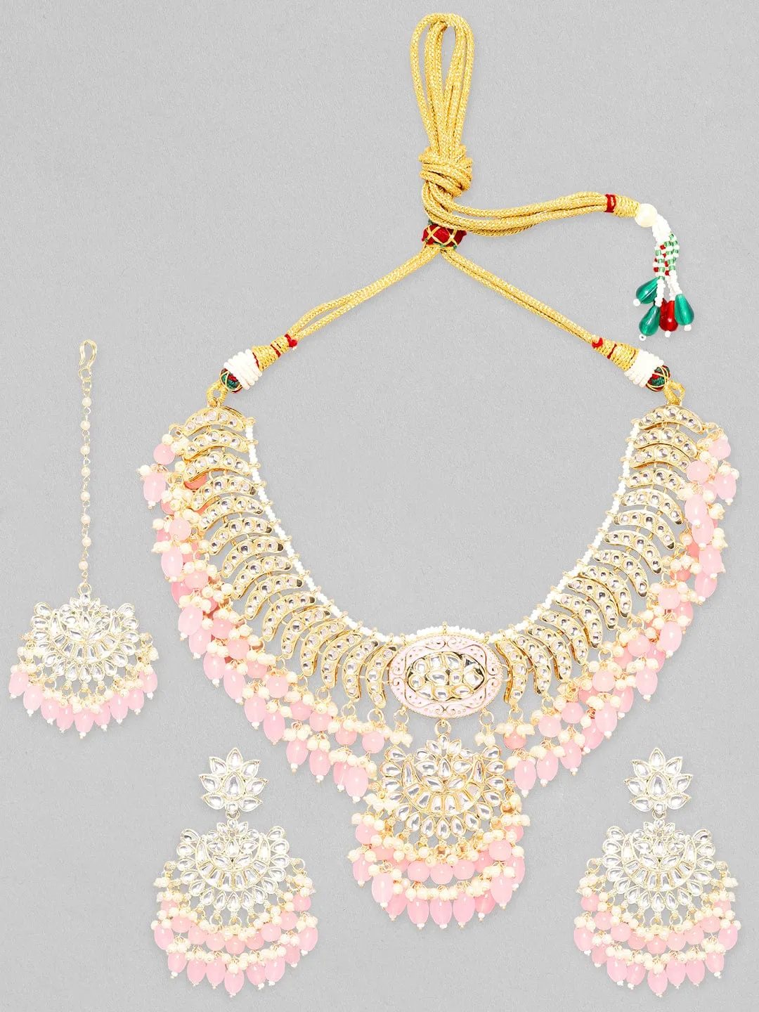 Rubans Gold Plated Fancy Kundan Set With Pink Beads Necklace Set