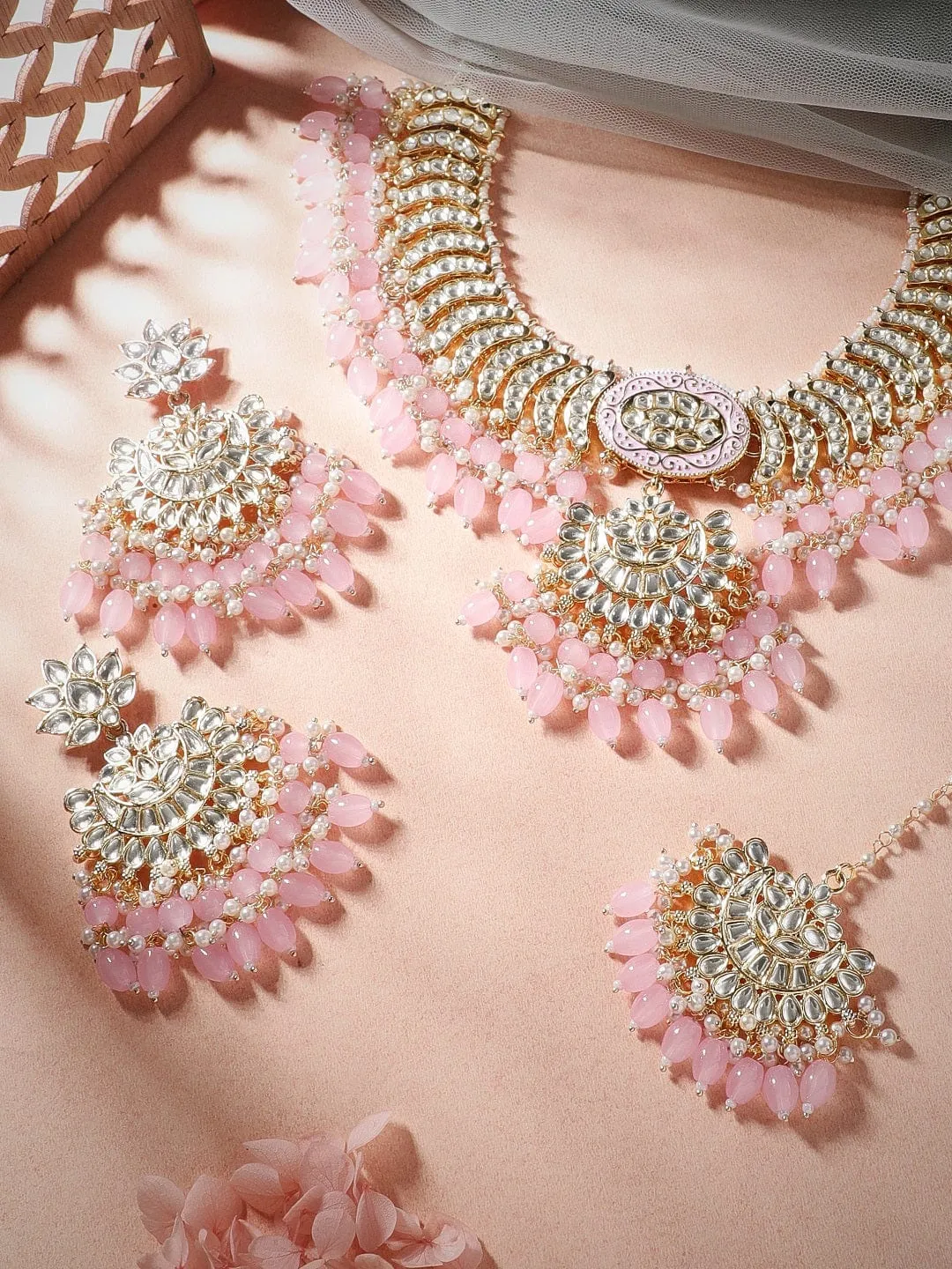 Rubans Gold Plated Fancy Kundan Set With Pink Beads Necklace Set