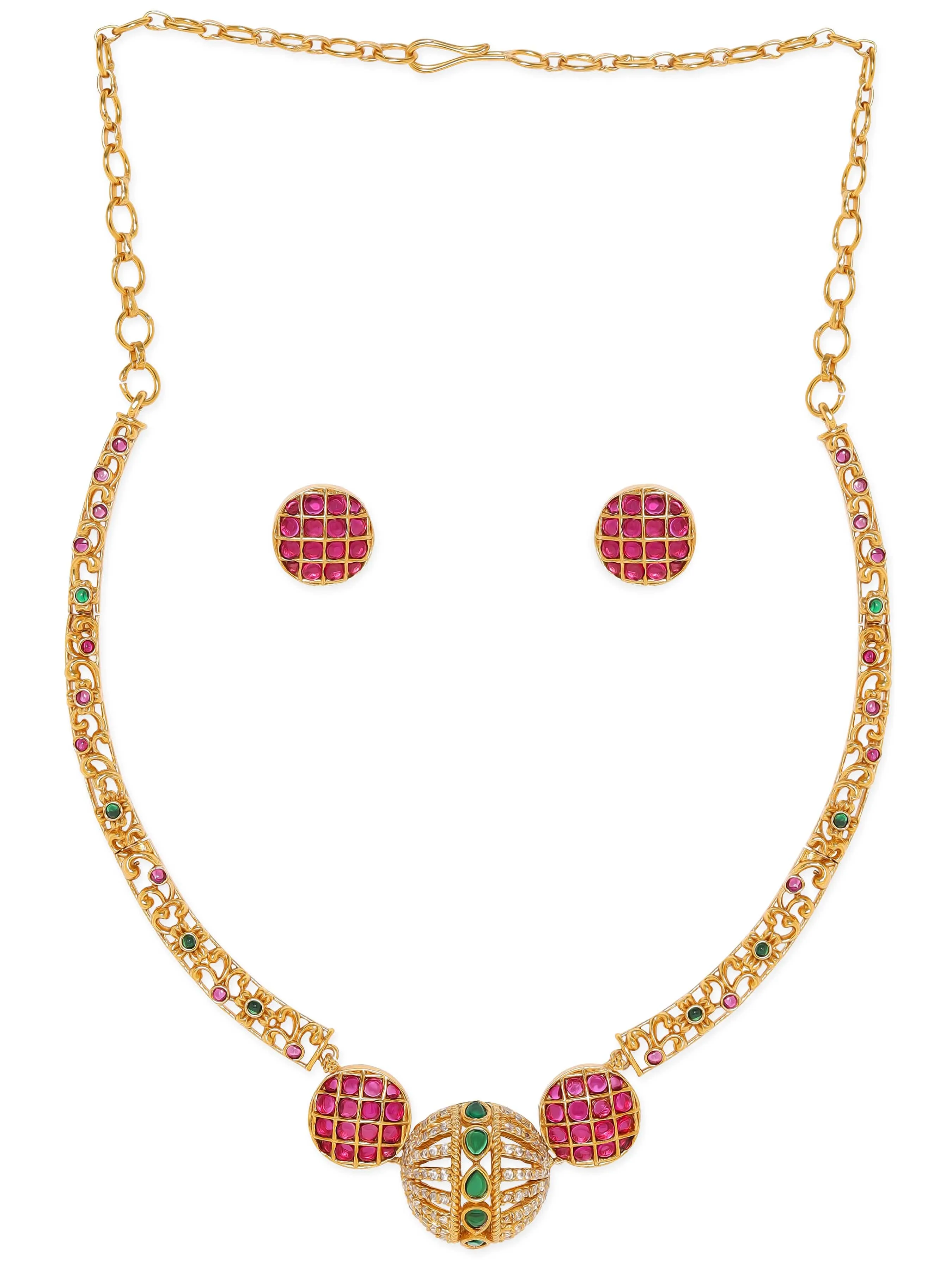 Rubans Opulent Gold-Plated AD & Green Stone Necklace Set