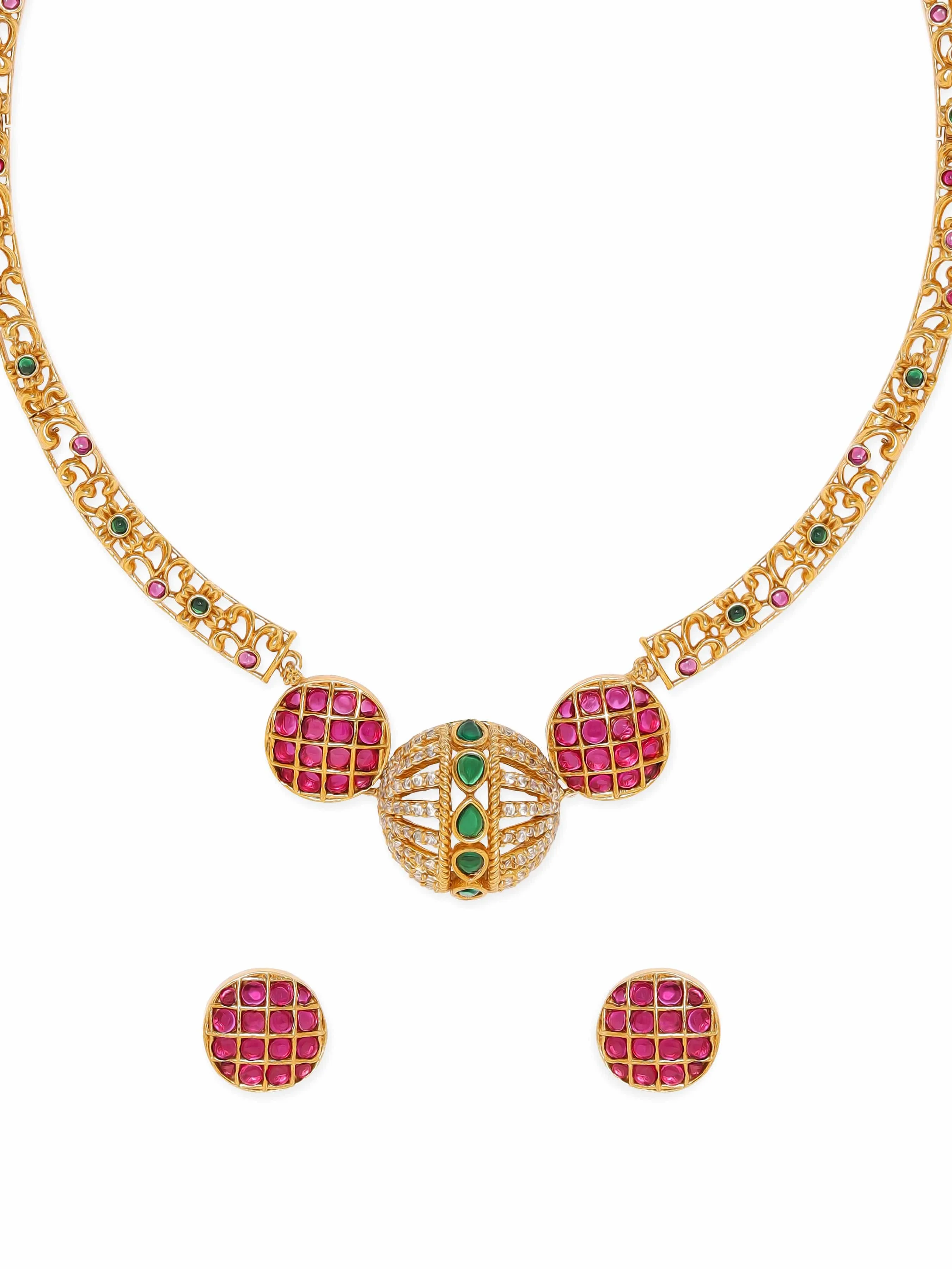 Rubans Opulent Gold-Plated AD & Green Stone Necklace Set