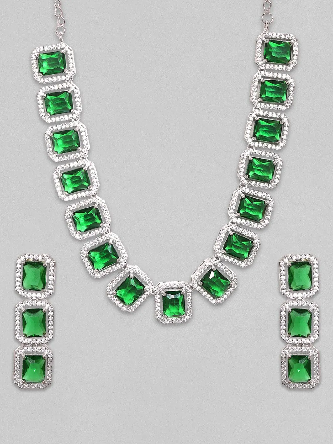 Rubans Rhodium Plated Premium White & Emerald Solitaire Zircons Necklace Set