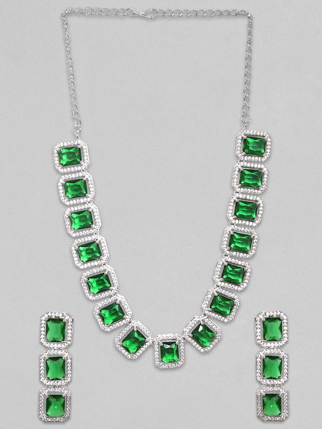 Rubans Rhodium Plated Premium White & Emerald Solitaire Zircons Necklace Set