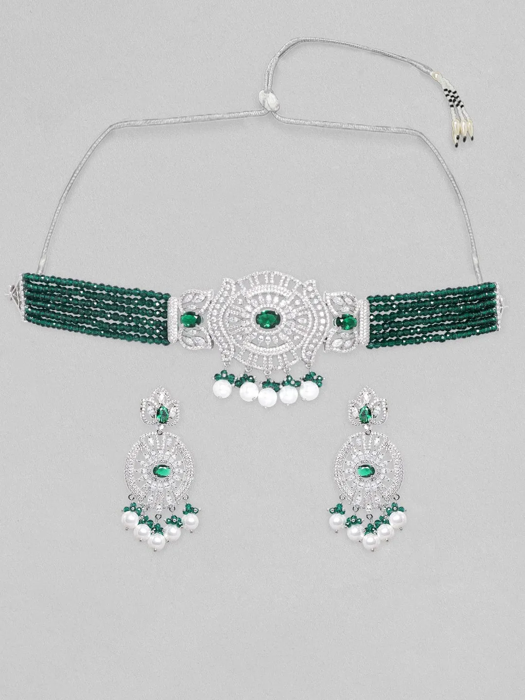 Rubans Rhodium-Plated White & Green Zircons Stones Necklace & Earring Set.