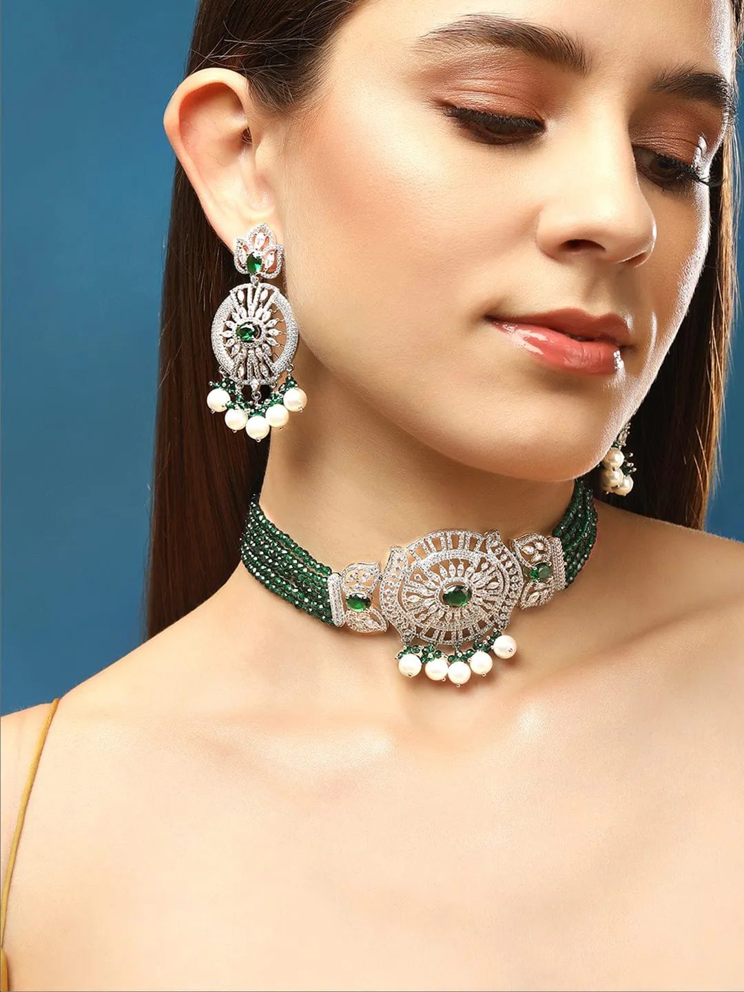 Rubans Rhodium-Plated White & Green Zircons Stones Necklace & Earring Set.