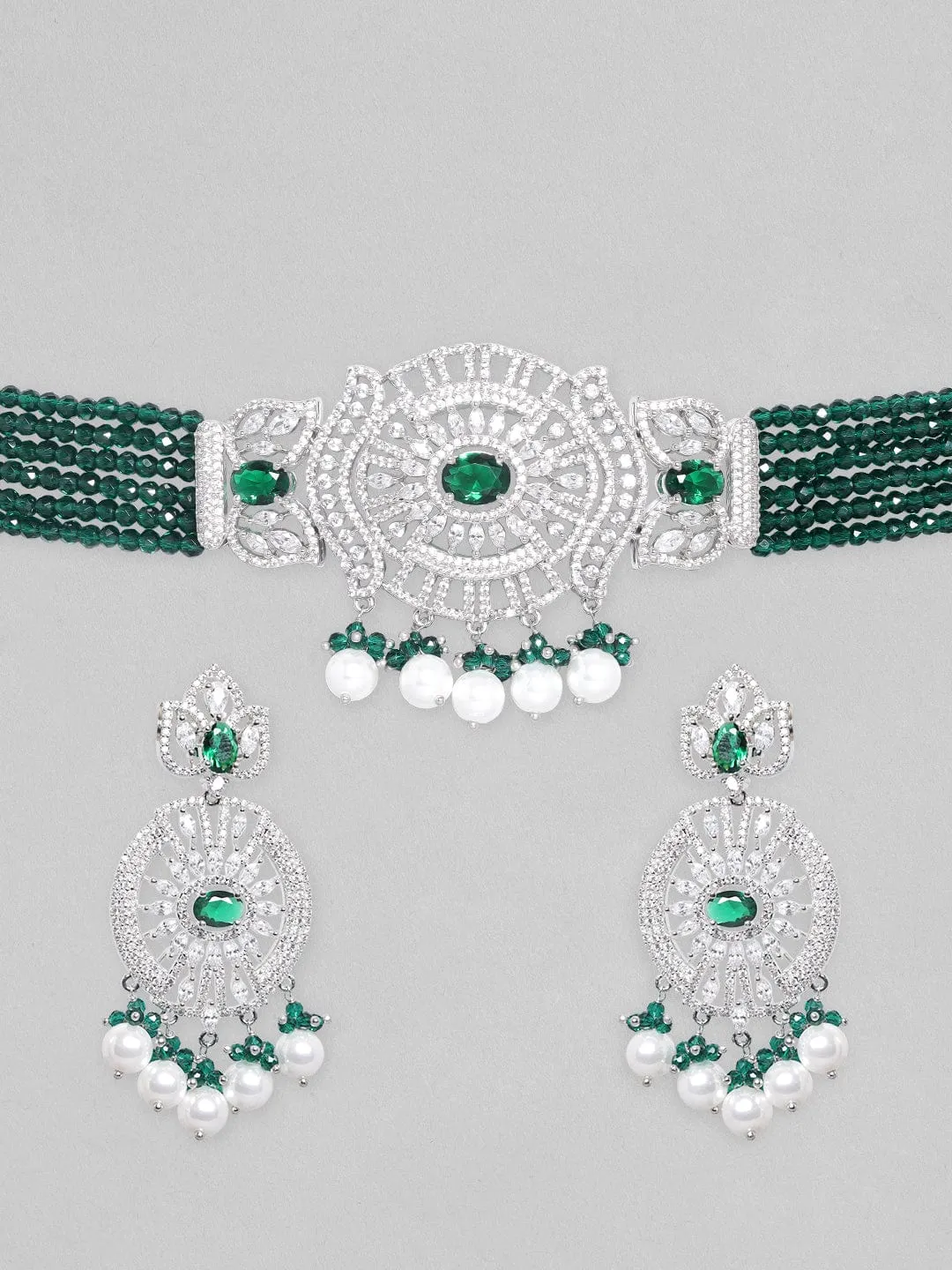 Rubans Rhodium-Plated White & Green Zircons Stones Necklace & Earring Set.