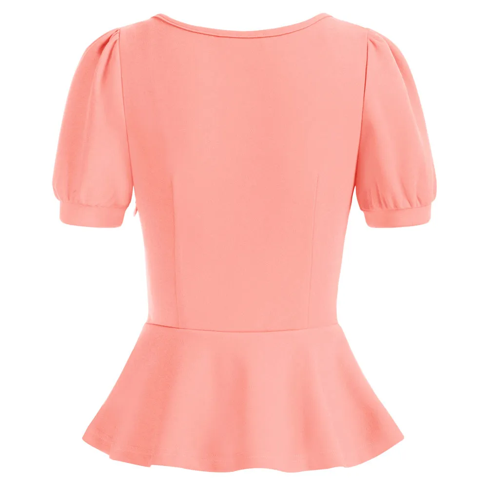 Ruched Tops Puffed Short Sleeve Peplum Hem A-Line Tops