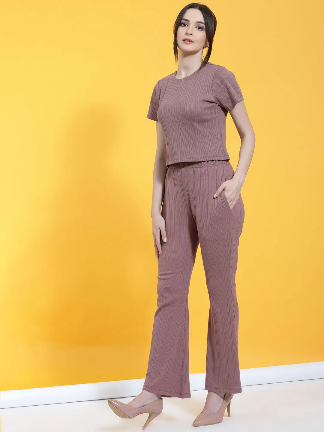 Self Textured Crop Top & Bell Bottoms With Pockets Co-Ord Set