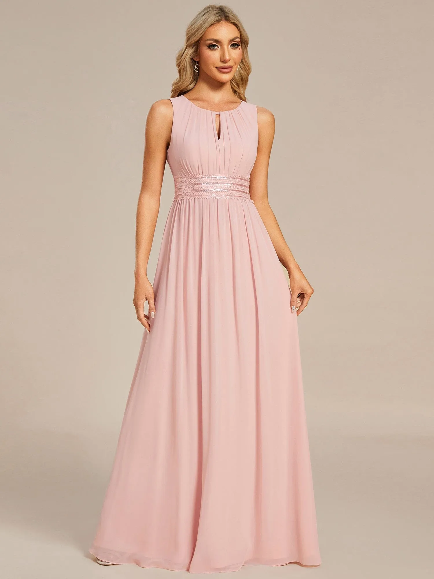 Simple Sleeveless A-line Chiffon Bridesmaid Dress with Hollow Out Detail