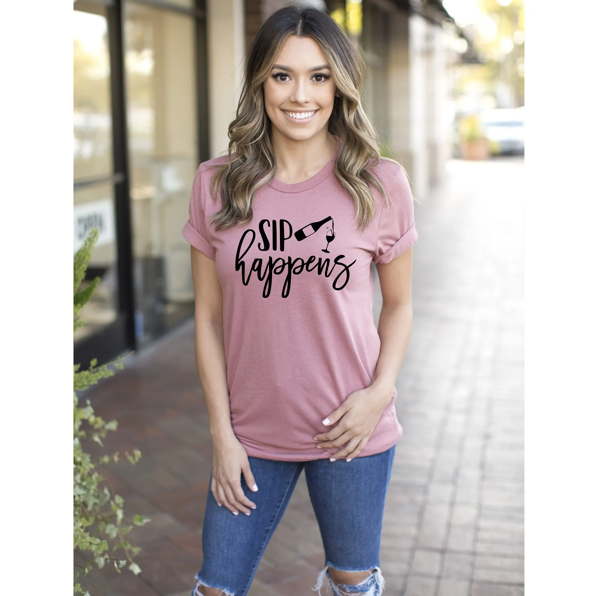 Sip Happens Mauve Comfy Soft T shirt for wine lover