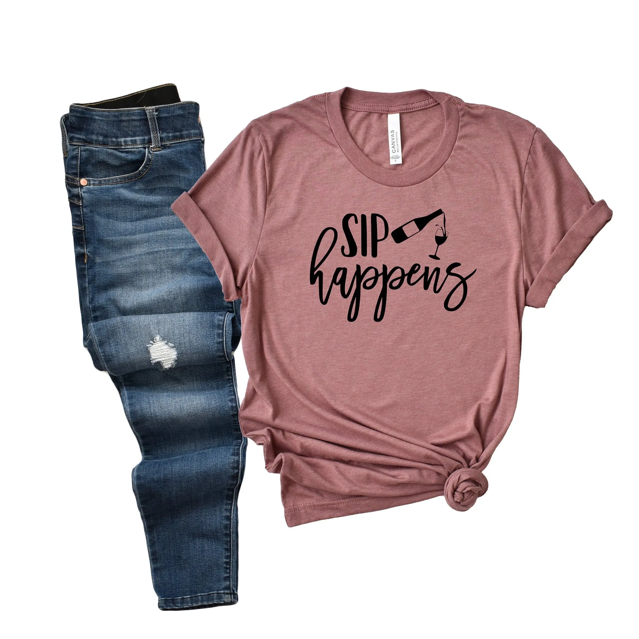 Sip Happens Mauve Comfy Soft T shirt for wine lover