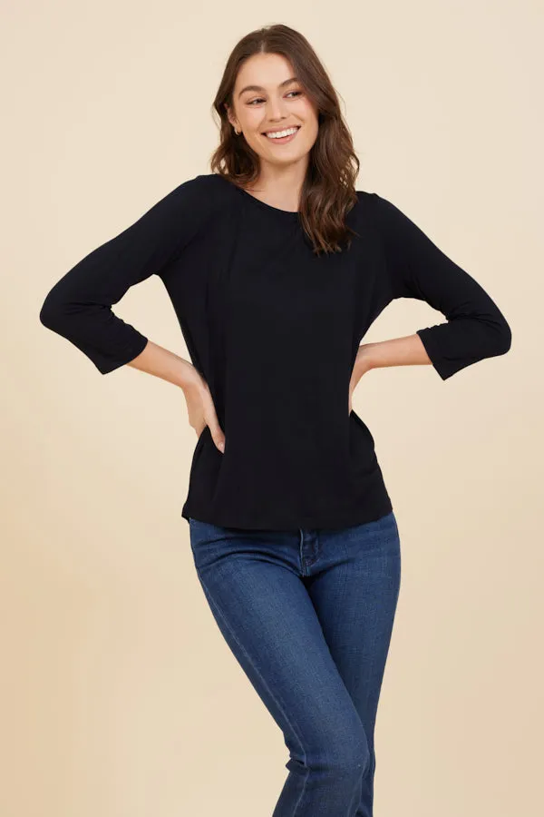 Soft Touch 3/4 Sleeve Pleat Back Crewneck in Marine