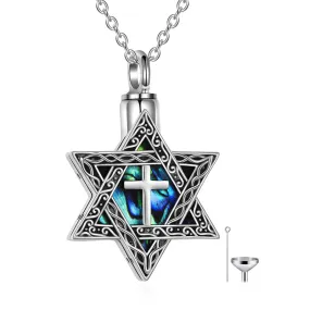 Star of David Urn Necklace Sterling Silver Crosse Abalone Shell Jewish Jewelry for Women Men