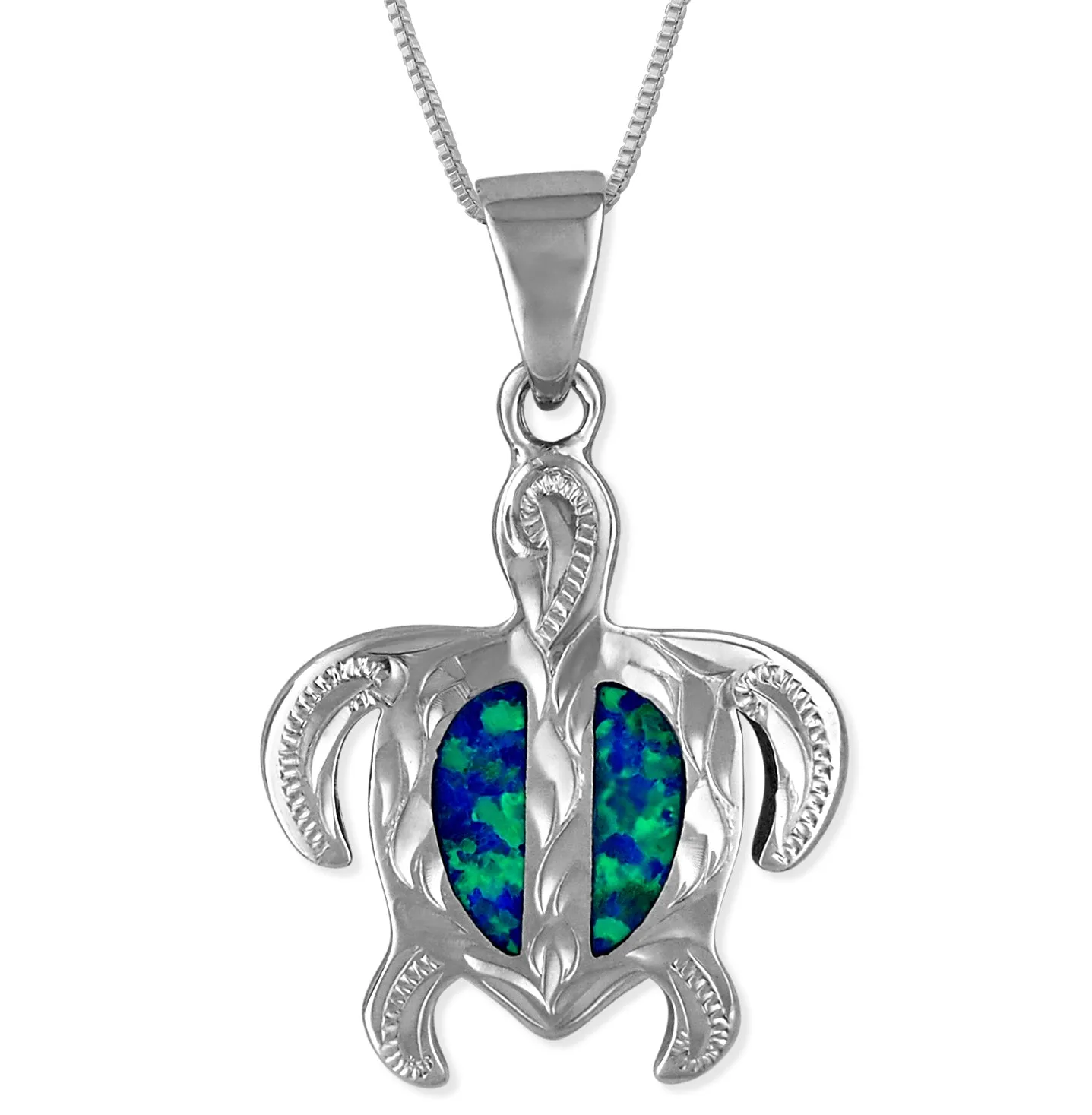 Sterling Silver Synthetic Blue Opal Engraved Turtle Pendant Necklace, 16 2" Extender