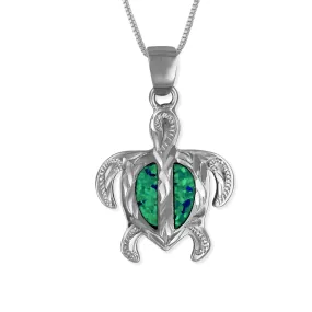 Sterling Silver Synthetic Blue Opal Engraved Turtle Pendant Necklace, 16 2" Extender