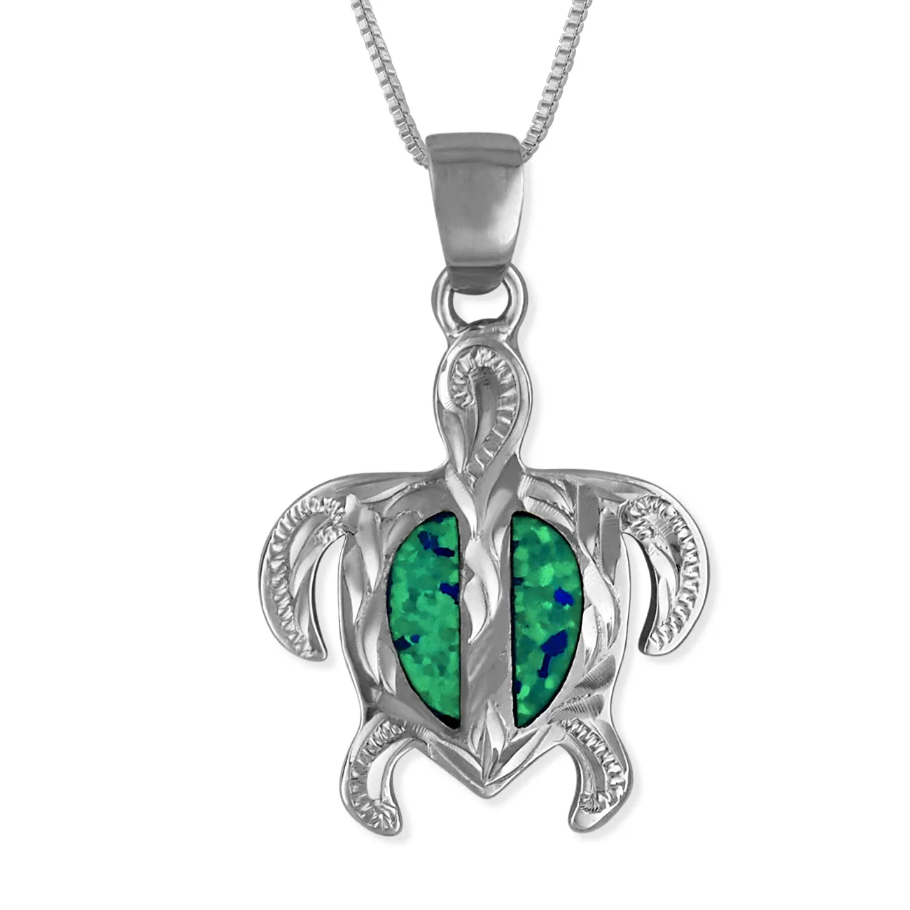 Sterling Silver Synthetic Blue Opal Engraved Turtle Pendant Necklace, 16 2" Extender