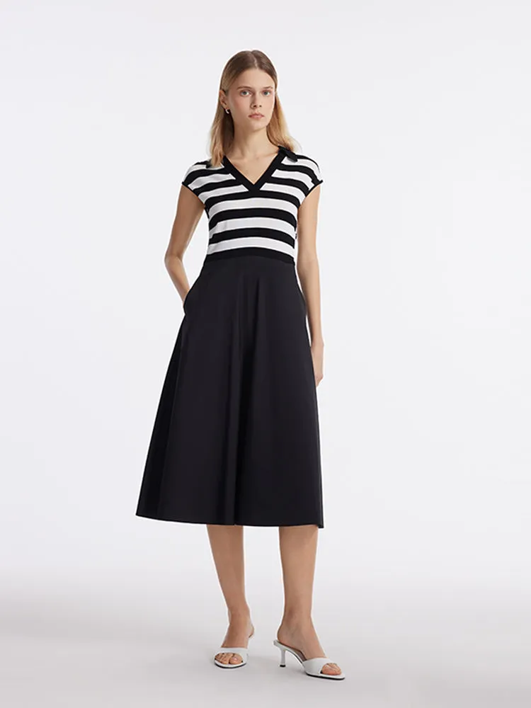 Tencel Striped Patchwork Women Midi Dress