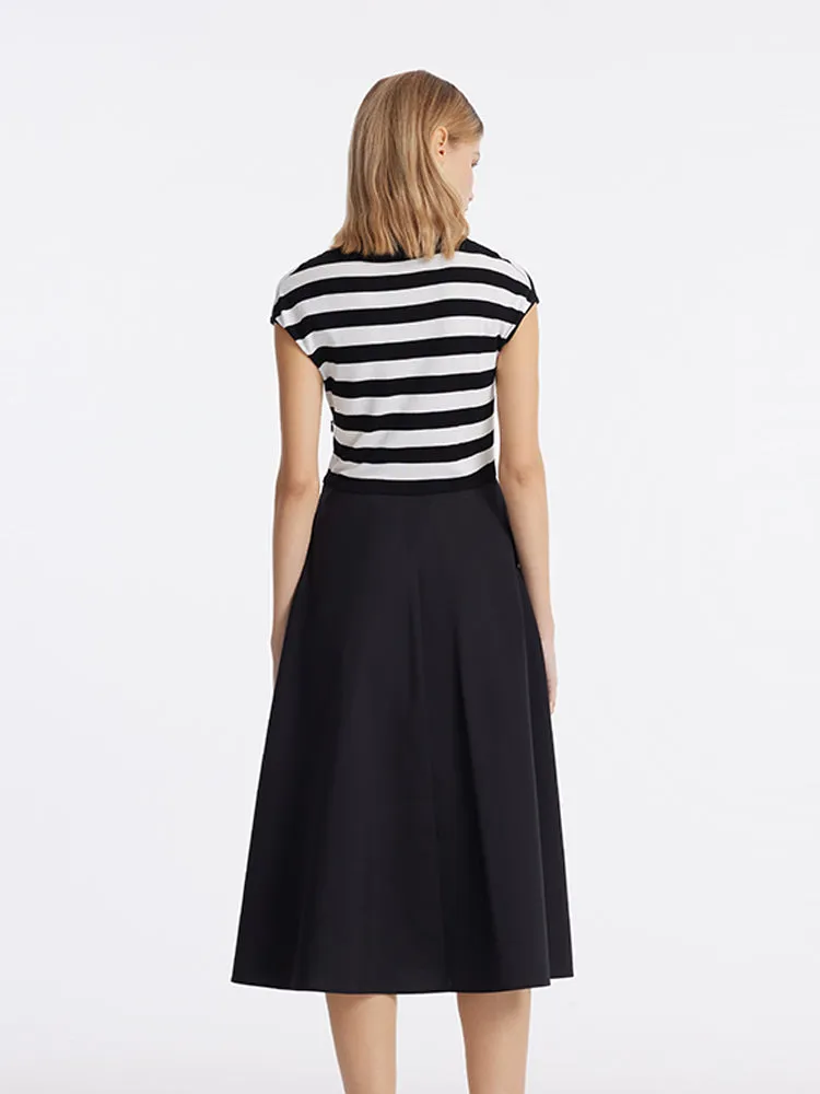 Tencel Striped Patchwork Women Midi Dress