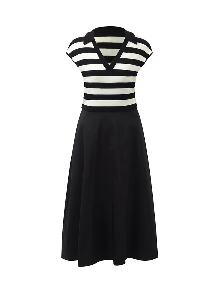 Tencel Striped Patchwork Women Midi Dress