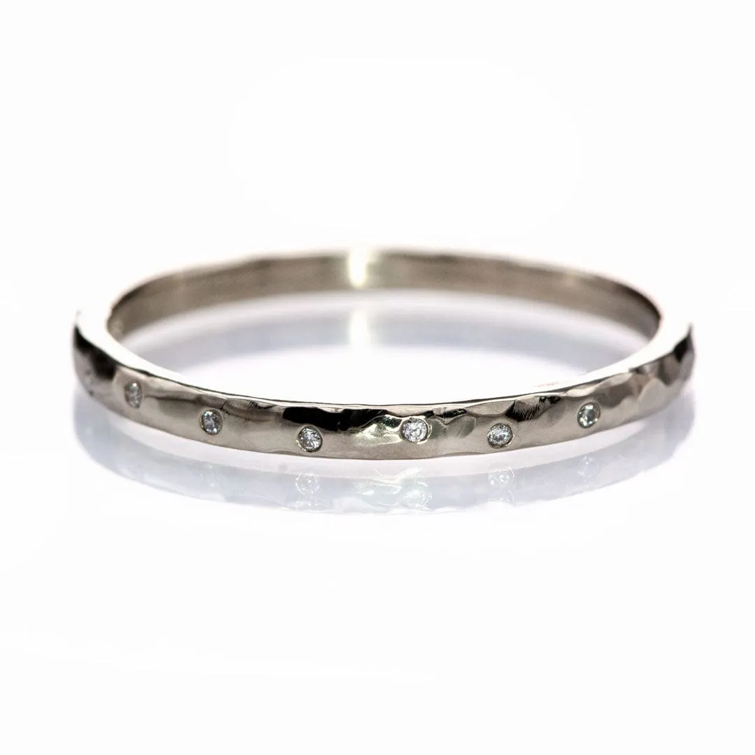 Thin Diamond Wedding Ring Hammered Texture 14kPD White Gold Wedding Band, Ready to Ship, Size 7 to 10