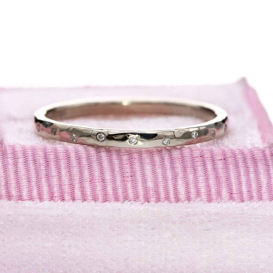 Thin Diamond Wedding Ring Hammered Texture 14kPD White Gold Wedding Band, Ready to Ship, Size 7 to 10