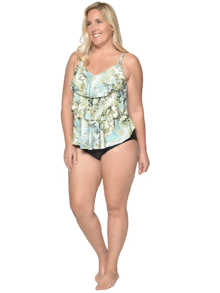 Tiered front tankini with a mid rise bottom in missy sizes