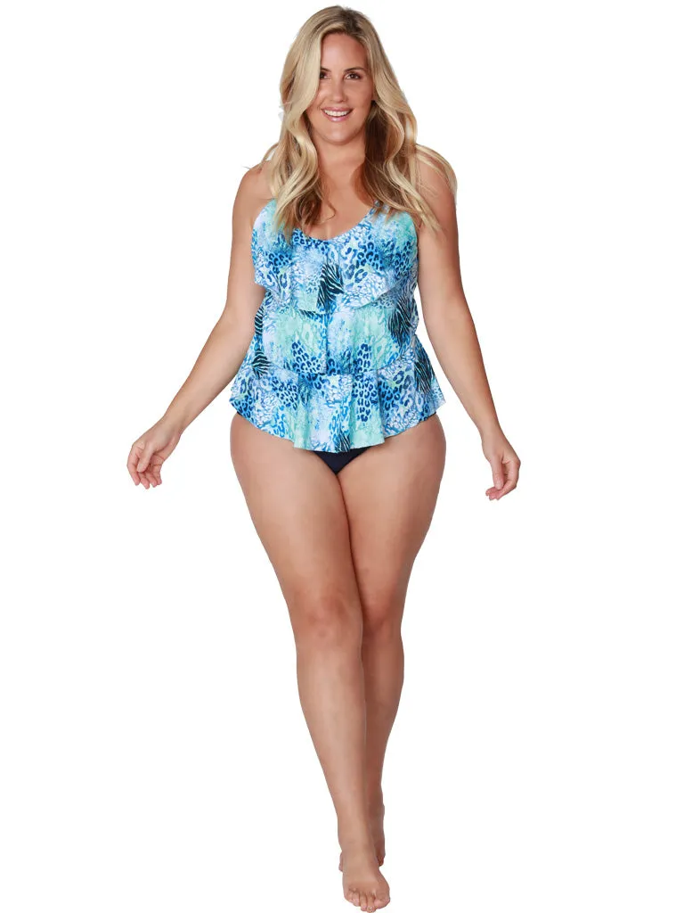 Tiered front tankini with a mid rise bottom in missy sizes