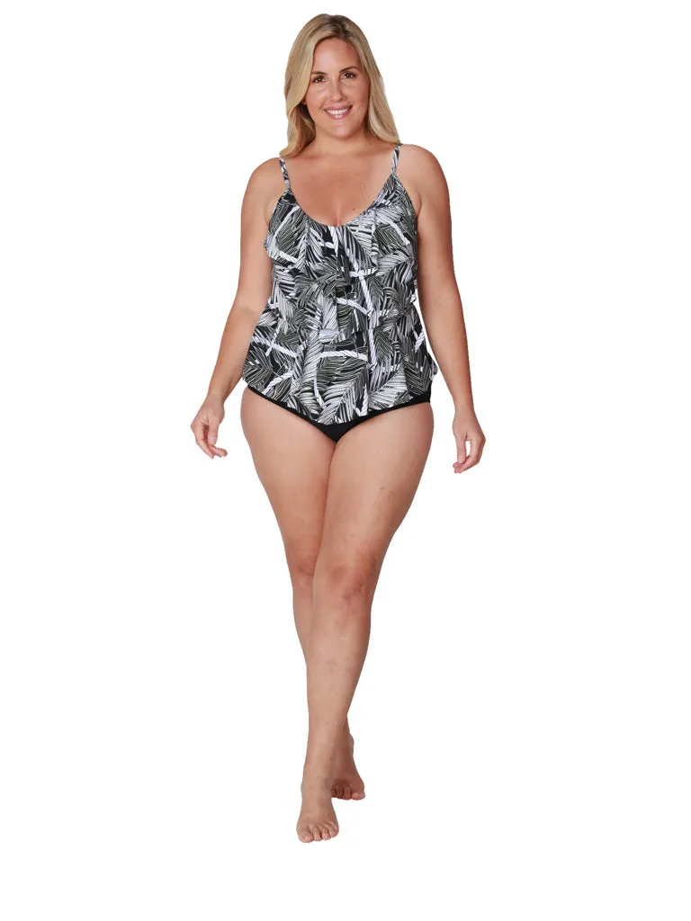 Tiered front tankini with a mid rise bottom in missy sizes