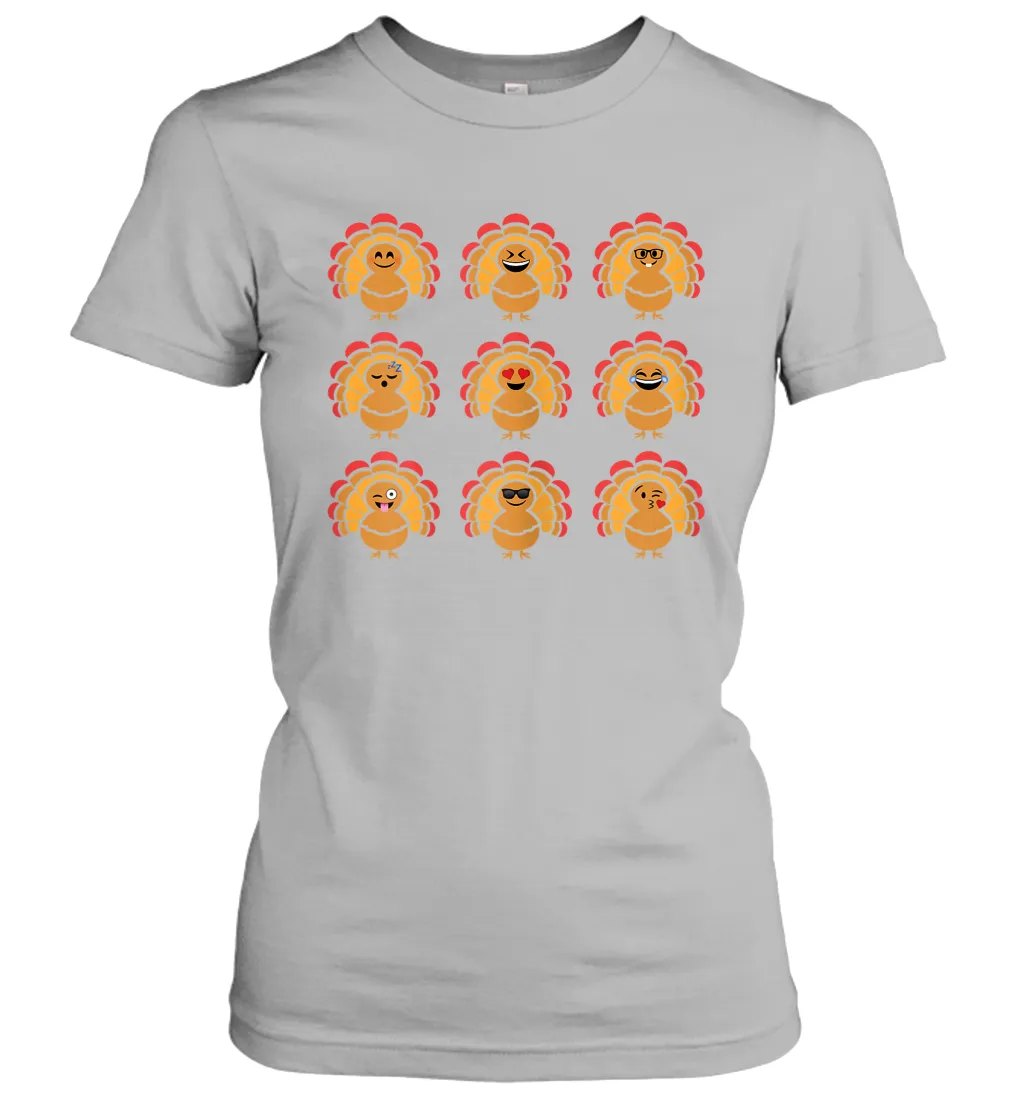 Trending Turkey Face Emoij Characters Collage Funny Thanksgiving Women's T-Shirt