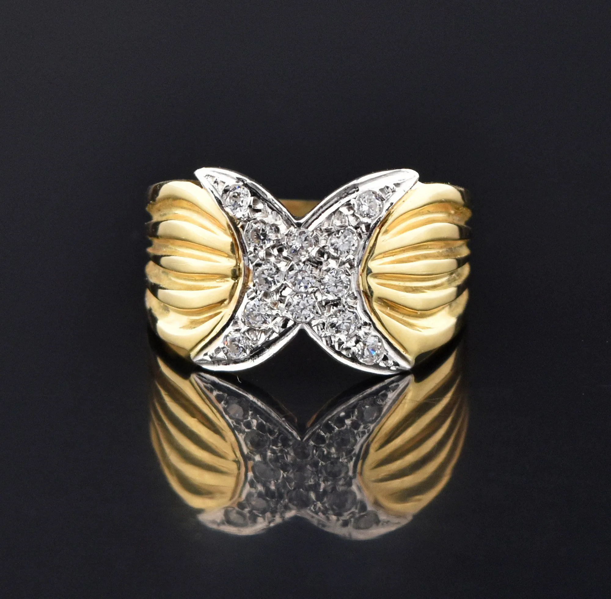 Vintage 14K Gold Diamond Pave Hug X Ring