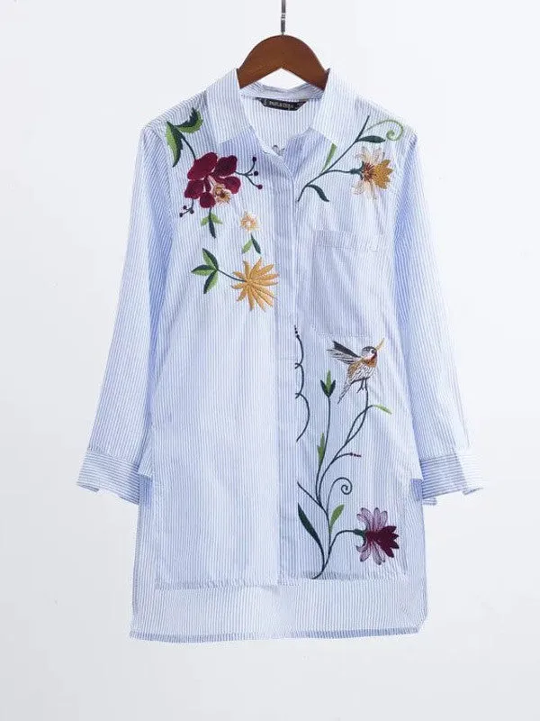 WealFeel Life Is A Flower Striped Embroidered Shirt