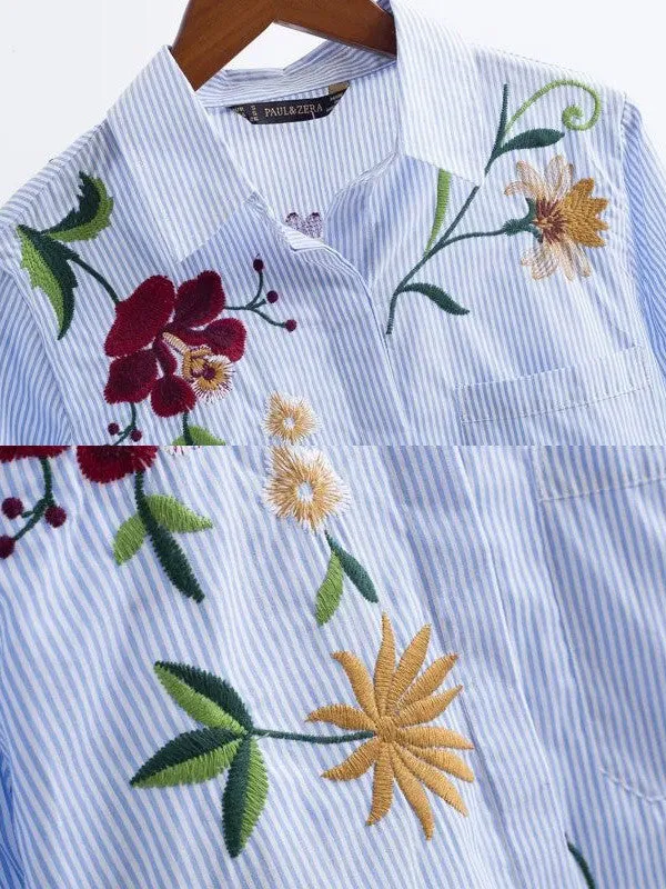 WealFeel Life Is A Flower Striped Embroidered Shirt