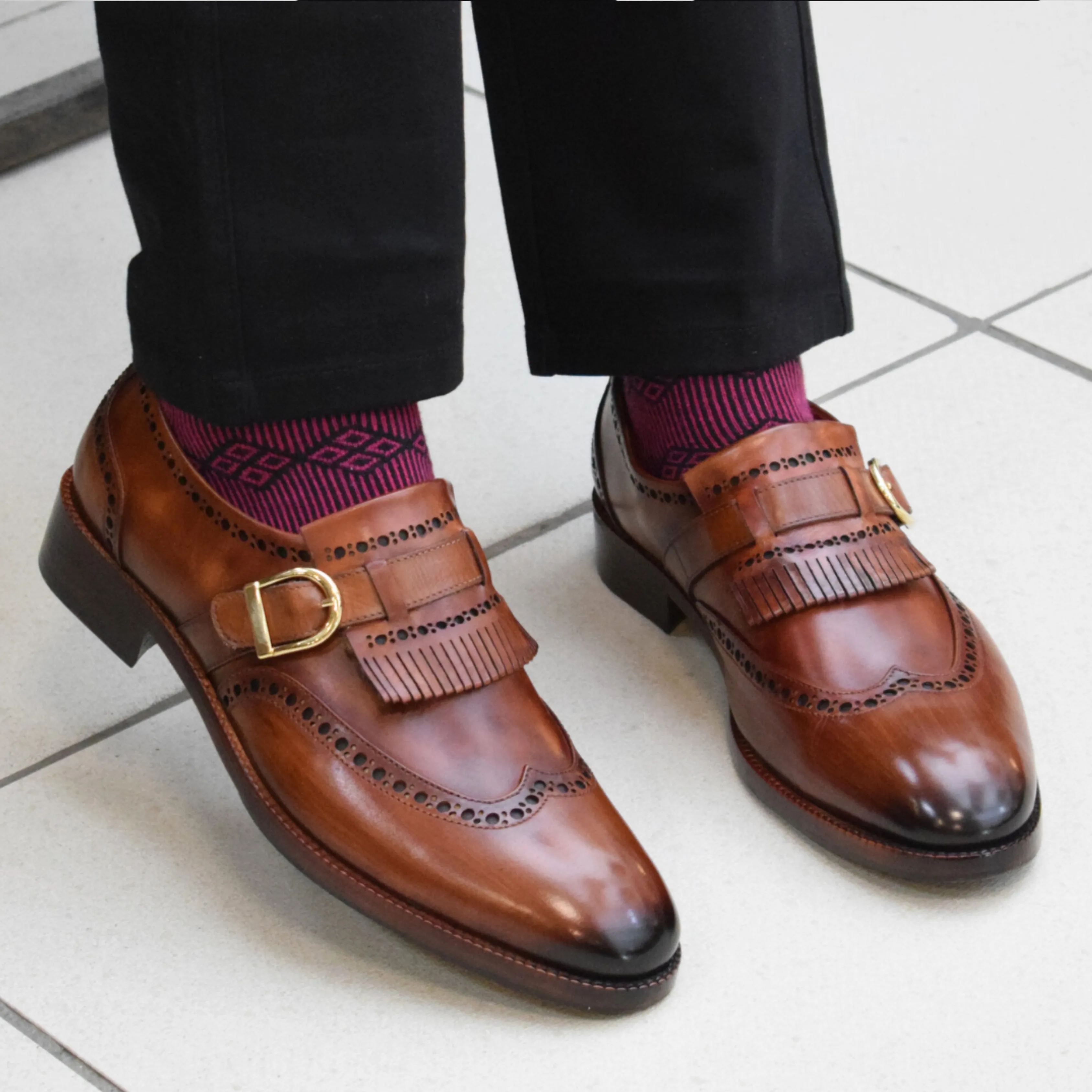 Wingtip Brogue Kiltie Monk Strap- Brown